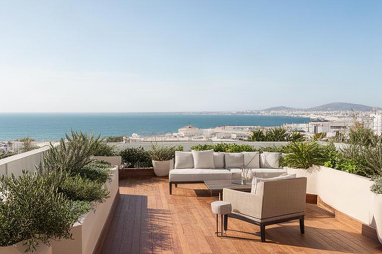 Terraza amplia junto al mar en El Puerto de Santa María con tarima de madera, jardineras y zona de descanso