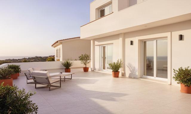 Terraza exterior revestida con porcelánico junto a una vivienda luminosa en El Puerto de Santa María