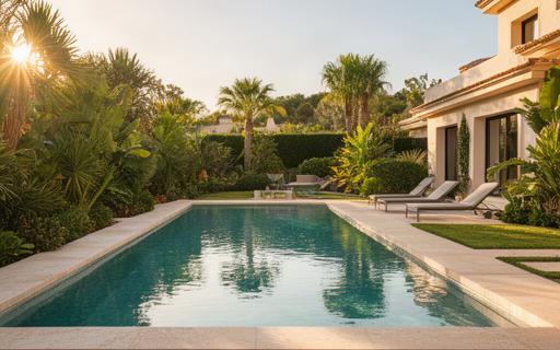Terraza de villa con piscina en Sancti Petri integrada con vegetación y pavimento exterior