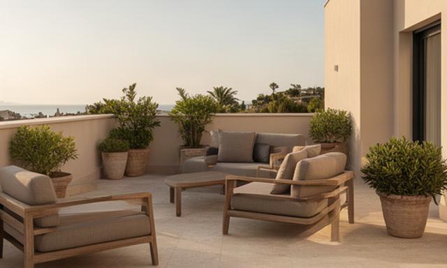 Terraza exterior terminada con revestimiento porcelánico y mobiliario sobrio en El Puerto de Santa María