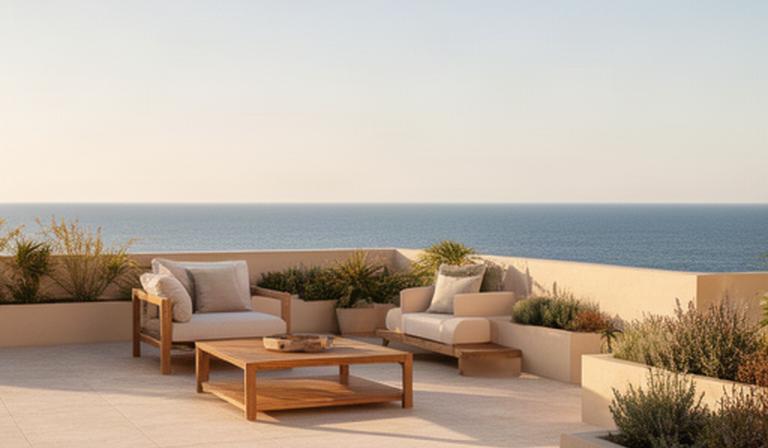Terraza contemporánea junto al mar en El Puerto de Santa María con suelo porcelánico y zona de estar