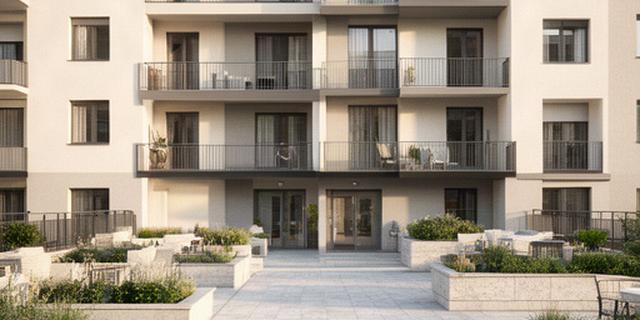 Terrazas comunitarias renovadas en un edificio residencial con pavimento exterior uniforme