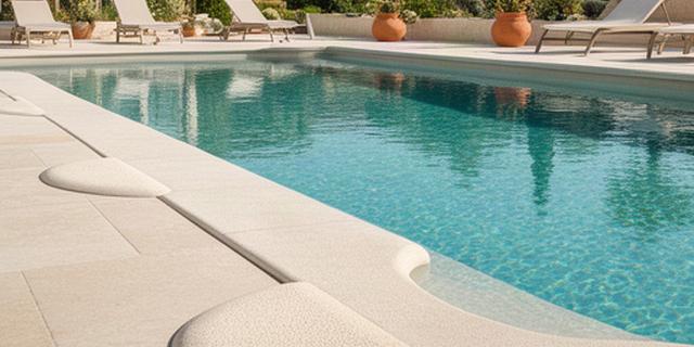 Solárium de piscina con pavimento exterior antideslizante y remates claros alrededor del agua