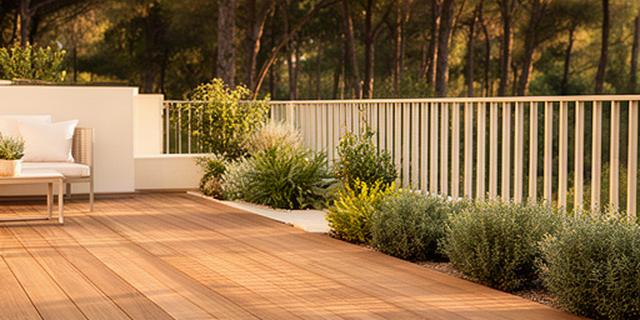 Terraza de madera tecnológica junto a un jardín mediterráneo con barandilla clara