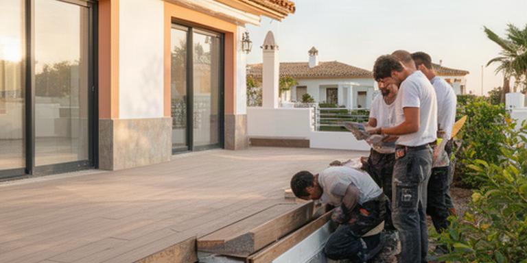 Equipo de construcción de terrazas revisando una obra exterior junto a una vivienda en El Puerto de Santa María